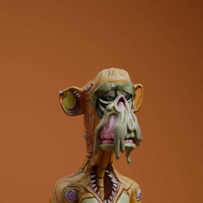 The image features a cartoon-style monster with an orange body, wearing glasses and a mask that covers its face. It has a large nose and mouth, giving it a distinctive appearance. The monster appears to be standing against an orange background, which contrasts with its colorful attire. The caption "mutant ape yacht club" is written in the image, suggesting that this monster might be part of a themed event or gathering related to yachting or boating activities.

The post also mentions a "Yacht Club", indicating that the monster could potentially be associated with such an establishment. However, without more context from the caption, it's difficult to determine if the monster is actually a part of this yacht club or just a prop for the image.