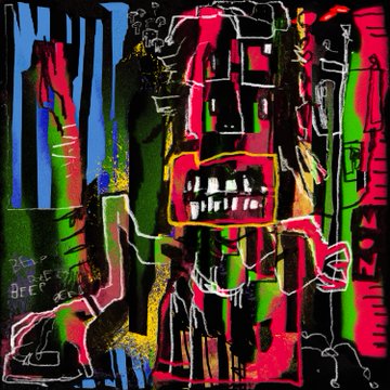 An abstract, graffiti-style digital artwork featuring chaotic lines, vibrant colors like pink, green, and yellow, and a central stylized figure with prominent teeth.