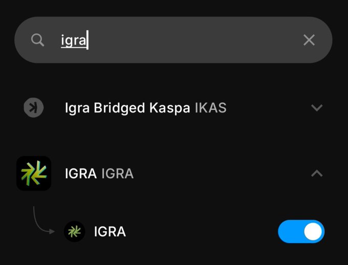 A mobile app search interface showing results for 'igra', including 'Igra Bridged Kaspa IKAS' and 'IGRA' with a toggle switch turned on.