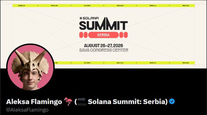 A Twitter profile for Aleksa Flamingo (@AleksaFlamingo) featuring a triceratops avatar, with a banner advertising the 'SOLANA SUMMIT SERBIA' event taking place on August 26-27, 2026 at the Sava Congress Center.