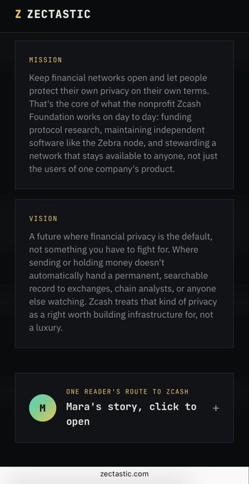 A screenshot from Zectastic showing the Mission and Vision sections of the Zcash Foundation, emphasizing financial privacy, open networks, and independent software like the Zebra node, with a link to 'Mara's story'.