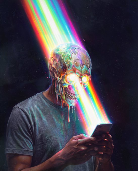 A surreal figure with a iridescent, melting skull head and glowing eyes stares down at a smartphone, emitting a vivid rainbow beam from the device—visually capturing the intense "LOCKED IN" focus of someone completely absorbed in their screen.