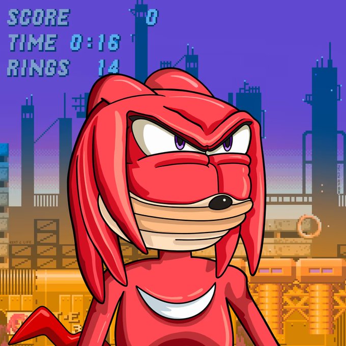 A red Knuckles the Echidna character is overlaid on a Sonic-style arcade game background, which displays the text "SCORE 0," "TIME 0:16," and "RINGS 14," creating an "Arcade Pepe" parody that humorously combines the meme character with Sonic gameplay elements.