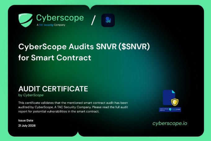 A digital certificate from 'Cyberscope / TAC Security' titled 'CyberScope Audits SNVR ($SNVR) for Smart Contract', dated 21 July 2026, indicating the smart contract audit has been validated.
