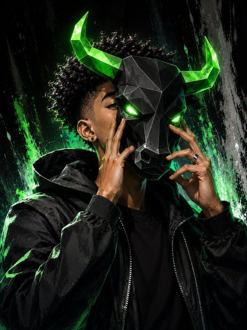 A person wearing a black jacket holds up a geometric black bull mask with glowing green horns and eyes against a green splattered background.