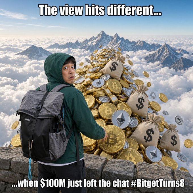 A promotional meme image showing a hiker with a backpack on a mountain peak beside a large pile of Bitcoin and cryptocurrency coins with money bags, captioned 'The view hits different... ...when $100M just left the chat #BitgetTurns8'.