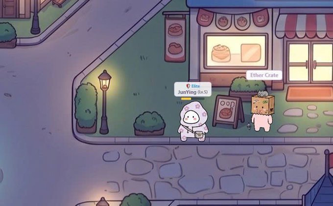 A level 5 player named "JunYing" stands in a town next to an NPC labeled "Ether Crate" outside what appears to be a bakery shop. The image directly illustrates the post's advice, showing the player visiting Ether Crate in town to likely purchase HP and Mana potions before attempting the dungeon boss fight for Gcoin tokens.