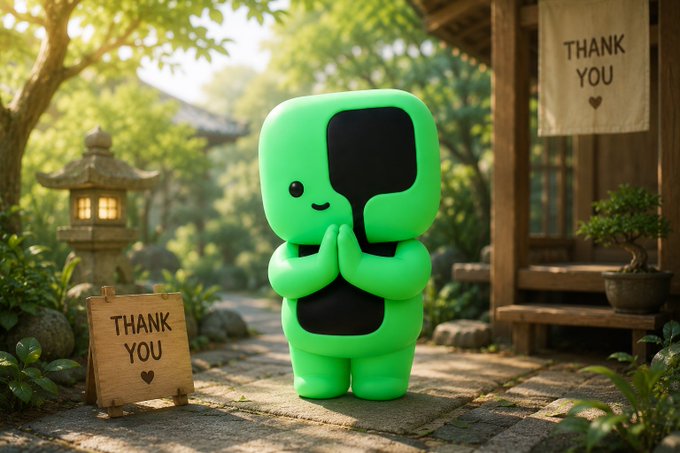 A cute green cartoon character stands with hands together in a peaceful Japanese garden setting, with two "THANK YOU" signs displayed—one on a wooden easel in the foreground and another on a banner in the background. The grateful pose aligns with the post's expression of appreciation, likely as part of a giveaway or community engagement from @EasyA_Kickstart.