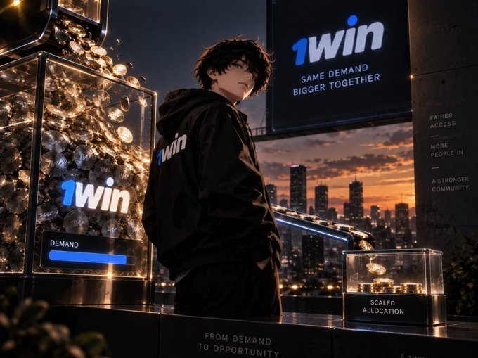 Promotional anime-style image for '1win' with the text 'SAME DEMAND BIGGER TOGETHER' alongside a young man in a black hoodie in front of a sunset cityscape.