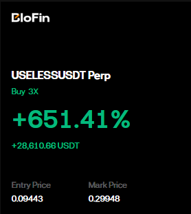 A BlooFin trading interface displays a long position on USELESSUSDT Perp with 3X leverage, showing a substantial gain of +651.41% (approximately +28,610.86 USDT), with an entry price of 0.09443 and mark price of 0.29948. The image illustrates the poster's realization of holding through volatility this cycle, as the USELESSUSDT trade yielded massive gains that previous-cycle hesitation would have missed.