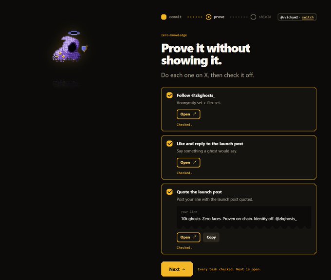A 'Prove it without showing it' task screen for zero-knowledge verification lists three completed checklist items including following @zkghostss and quoting a launch post.