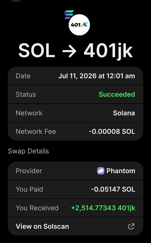 A Phantom wallet transaction confirmation showing a successful swap of 0.05147 SOL for 2,514.77 401jk tokens on July 11, 2026, with a minimal network fee of 0.00008 SOL. This aligns with the post's DCA strategy, representing a small $4.01 daily investment into the 401jk memecoin as day 192 of a 365-day accumulation plan.