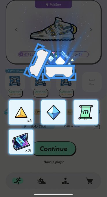 A mobile game screenshot shows a "Walker" sneaker being upgraded, with reward icons including x3 yellow triangles and x1 blue diamond, and a green "Continue" button.