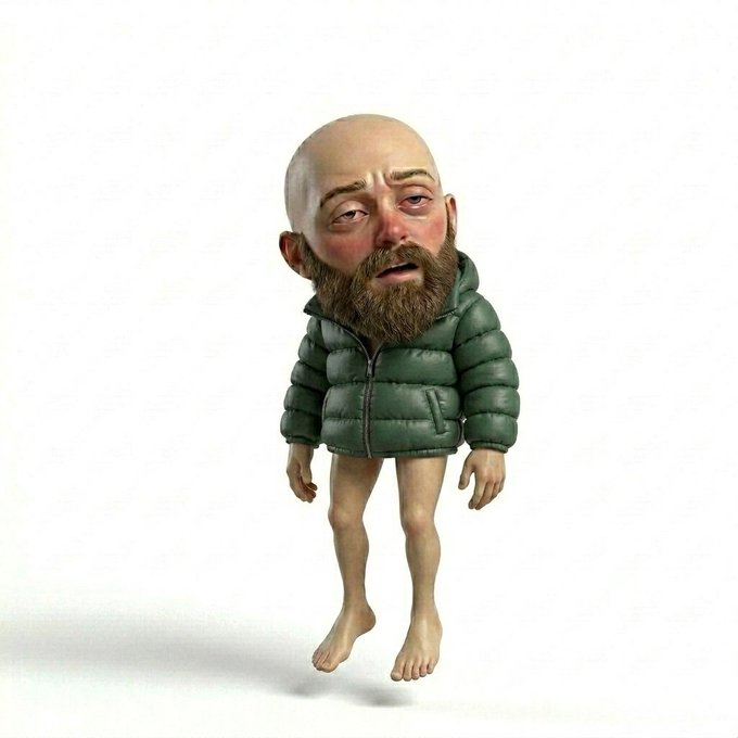 A 3D render of a bald, barefoot man with a large beard wearing a green puffer jacket, featuring an oversized head on a small body against a white background.