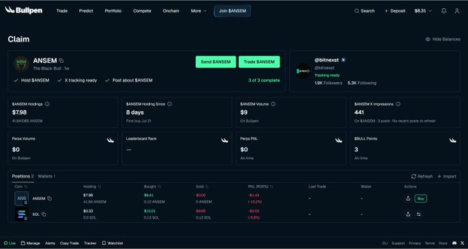 A screenshot of the Bullpen prediction platform showing a 'Claim' page for ANSEM token, displaying trading data including holdings of $7.98, volume of $9, and 441 impressions.