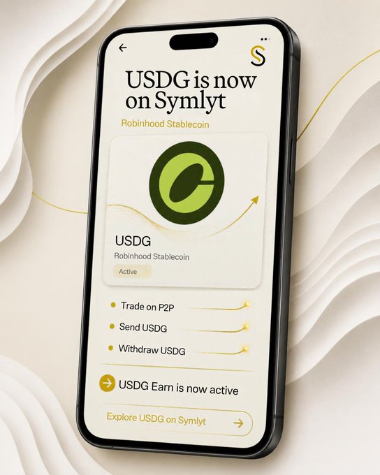 A smartphone mockup displaying an app screen that reads "USDG is now on Symlyt" with the Robinhood Stablecoin logo, listing options to "Trade on P2P", "Send USDG", "Withdraw USDG", and "USDG Earn is now active".