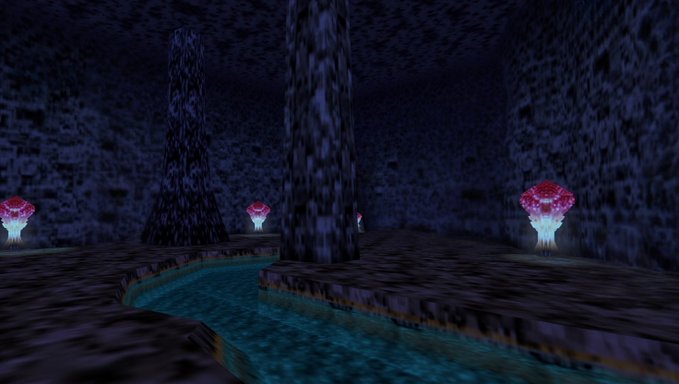 A dark, pixelated 3D environment resembling a cave with tall pillars, glowing red mushrooms, and a teal stream flowing through the rocky terrain.