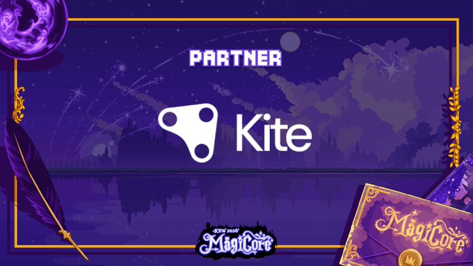 A purple promotional banner announcing a partnership with 'Kite' for 'MagiCore' featuring magical and celestial graphics.