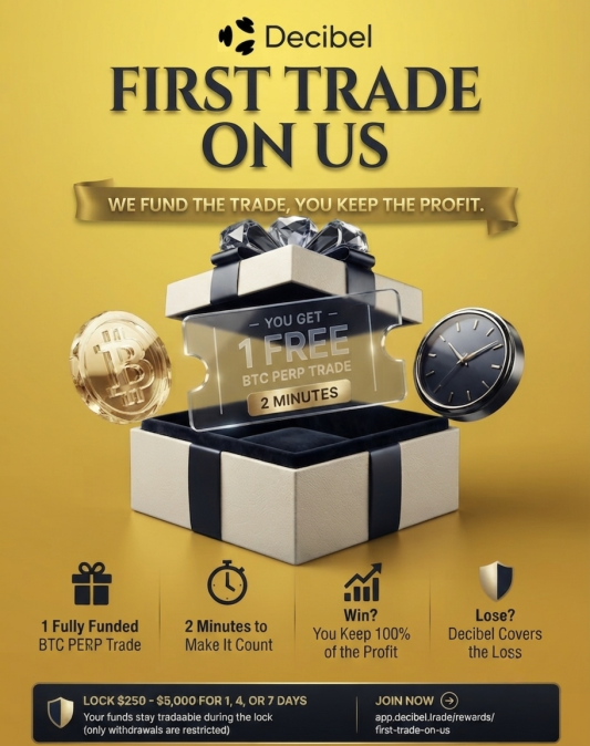 A yellow promotional advertisement for Decibel offering a 'FIRST TRADE ON US' with a gift box containing '1 FREE BTC PERP TRADE' for 2 minutes, featuring Bitcoin and watch imagery.