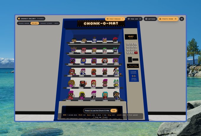 A virtual Chonk-O-Mat vending machine interface displaying shelves of colorful pixelated character NFTs available for purchase using an in-game currency, set against a backdrop of a serene lake and mountains.