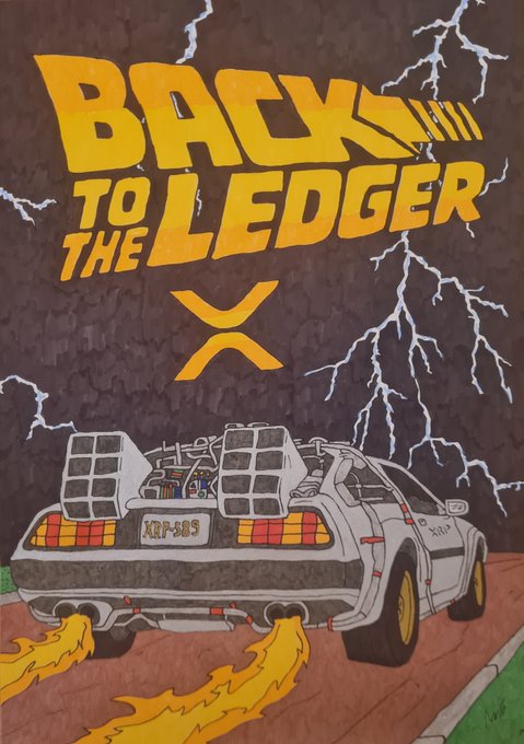 A 'Back to the Ledger' themed artwork featuring a DeLorean-style time machine car with rocket boosters and flames shooting out, set against a stormy sky with lightning, with a large XPR (XRP) logo in the center.