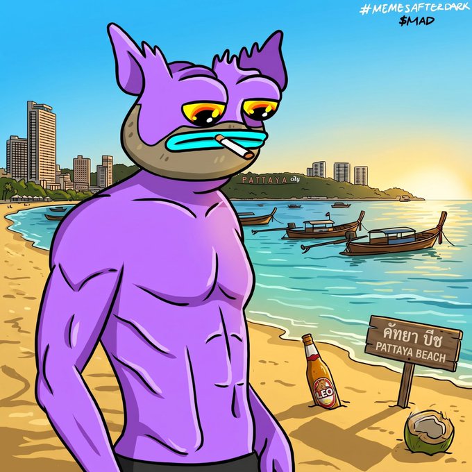 The image features a purple cartoon character standing on a beach, holding a cigarette. The character appears to be a muscular man with a large nose and a wide smile. In the background, there are several boats floating near the shoreline, adding to the beach scene. The caption of the image includes text in both English and Thai that reads: "Degenning in Pattaya #memesafterdark #solana #madcoin".