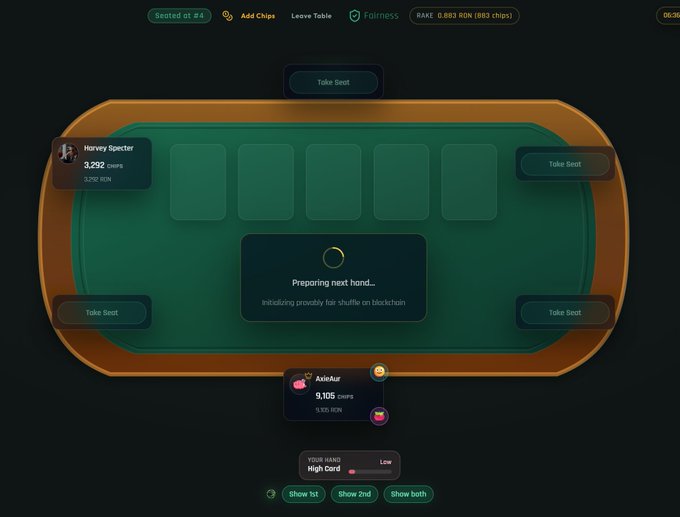 A screenshot of an online poker interface showing a green felt table with 'Preparing next hand...' in the center, player info for 'Harvey Specter' (3,292 CHIPS) and 'AsiaAzar' (9,105 CHIPS), and menu options for 'Seated at #4', 'Add Chips', and 'Leave Table' at the top.