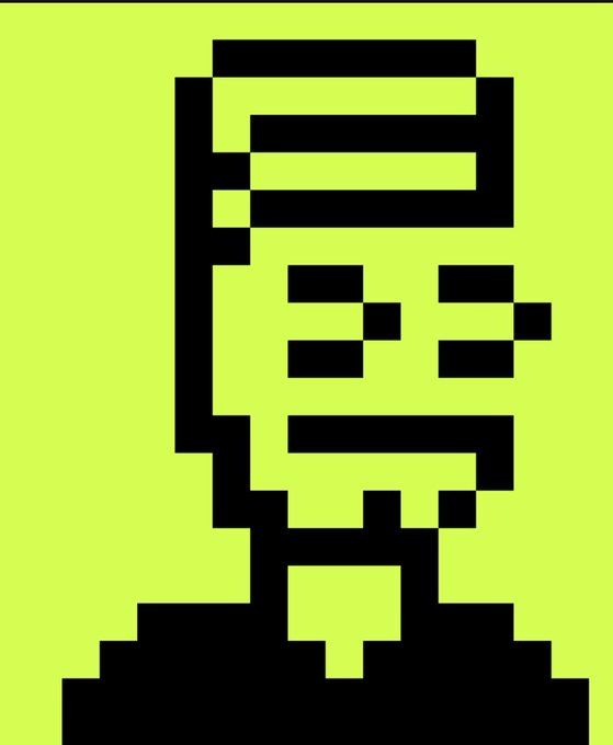 A pixelated black silhouette of a character with rectangular glasses on a bright yellow-green background.