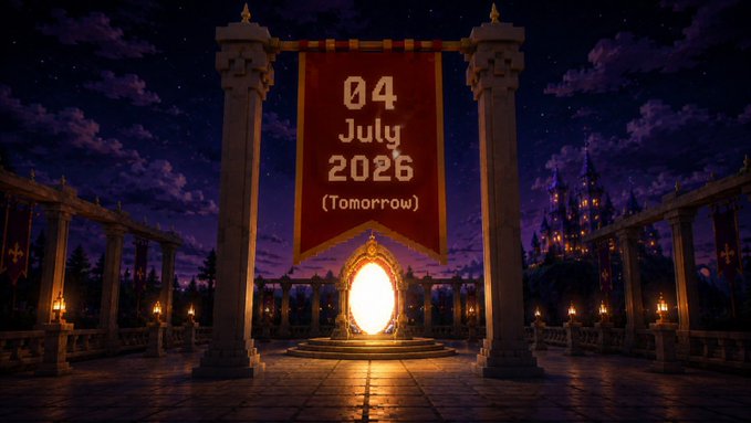 The image displays a fantastical nighttime scene featuring a glowing portal framed by ancient pillars and a distant castle, with a banner reading "04 July 2026 (Tomorrow)" suspended above. It relates to the post by building anticipation for an upcoming giveaway where 50 Solana wallets will be randomly selected tomorrow.