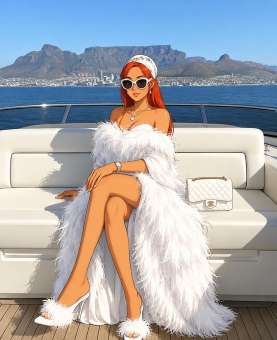 An anime-style illustration of a woman with red hair, sunglasses, and a white feathered outfit sitting on a yacht with mountains in the background.