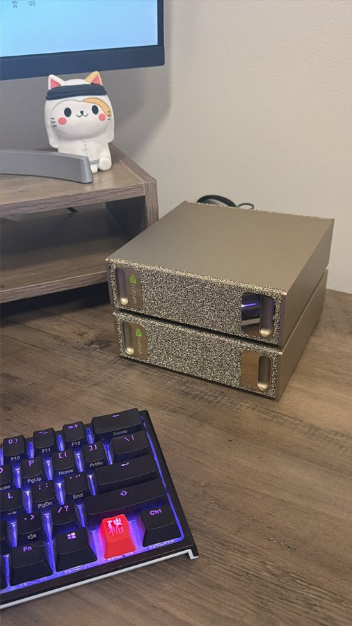 A desk setup featuring two stacked gold-colored external GPU enclosures with green accents, a mechanical keyboard with a red '出' keycap, and a small cat figurine wearing a cap next to a monitor.