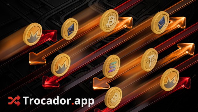 A promotional graphic for Trocador.app showing various cryptocurrency coins (Bitcoin, Monero, Ethereum, Solana, etc.) on orange streaks against a dark background.