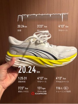 A COROS running app screenshot displaying 20.24 km activity stats overlaid on a photo of a white and yellow ASICS running shoe.
