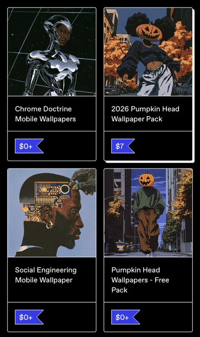 The image displays a digital storefront showcasing four mobile wallpaper listings: "Chrome Doctrine Mobile Wallpapers" ($0+), "2026 Pumpkin Head Wallpaper Pack" ($7), "Social Engineering Mobile Wallpaper" ($0+), and "Pumpkin Head Wallpapers - Free Pack" ($0+). This visual reinforces the seller's note by demonstrating the variety of wallpaper packs available, with the blue price tags showing both free ($0+) and paid options like the $7 Pumpkin Head collection.