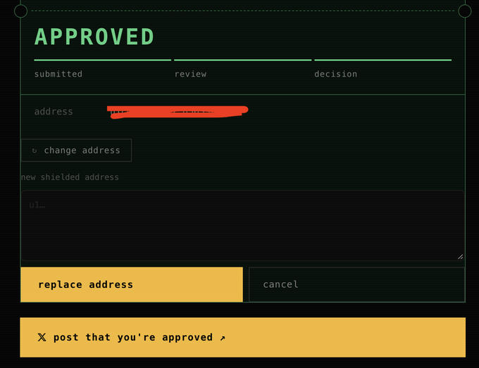 A dark-themed UI screen displaying 'APPROVED' in green text at the top, with progress steps for 'submitted', 'review', and 'decision', an address field redacted in red, and buttons for 'replace address' and 'cancel'.