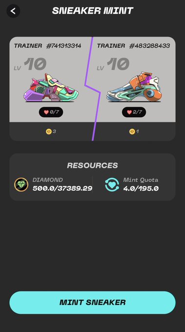 A 'SNEAKER MINT' screen displaying two Level 10 trainer NFTs (#741313314 and #483288433) with resources of 500.0/37389.29 Diamond and 4.0/195.0 Mint Quota.