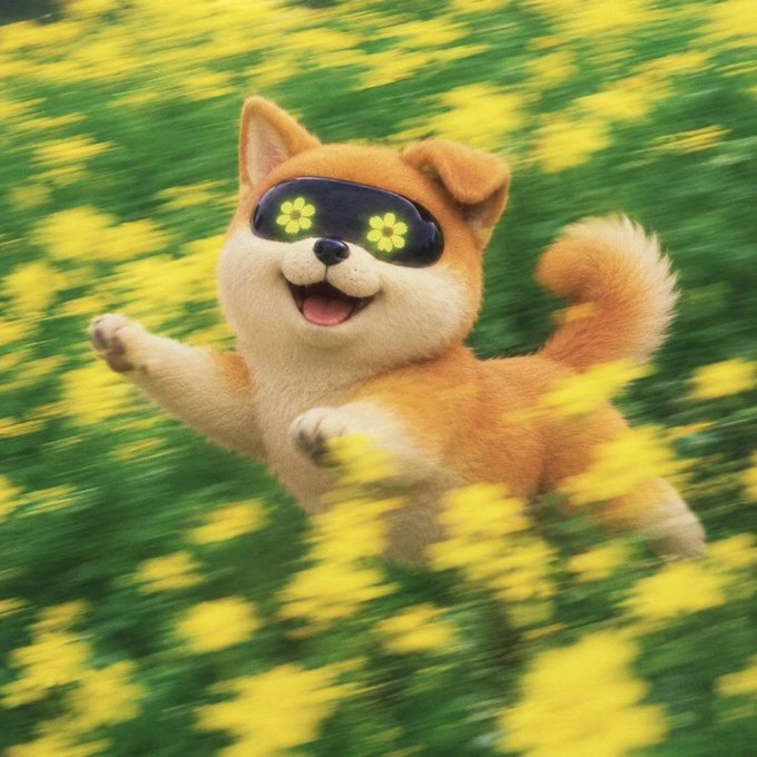 A cute fluffy Shiba Inu dog wearing futuristic sunglasses with glowing yellow flower displays, running joyfully through a field of yellow flowers.