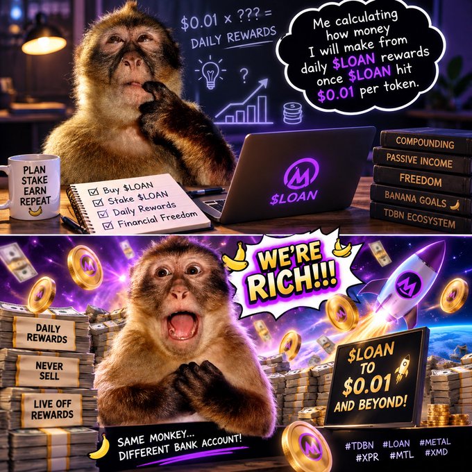 A two-panel meme featuring a monkey: the top shows it calculating '$0.01 x ??? = DAILY REWARDS' on a laptop branded with '$LOAN', while the bottom panel shows it cheering 'WE'RE RICH!!!' amid stacks of money and gold coins.