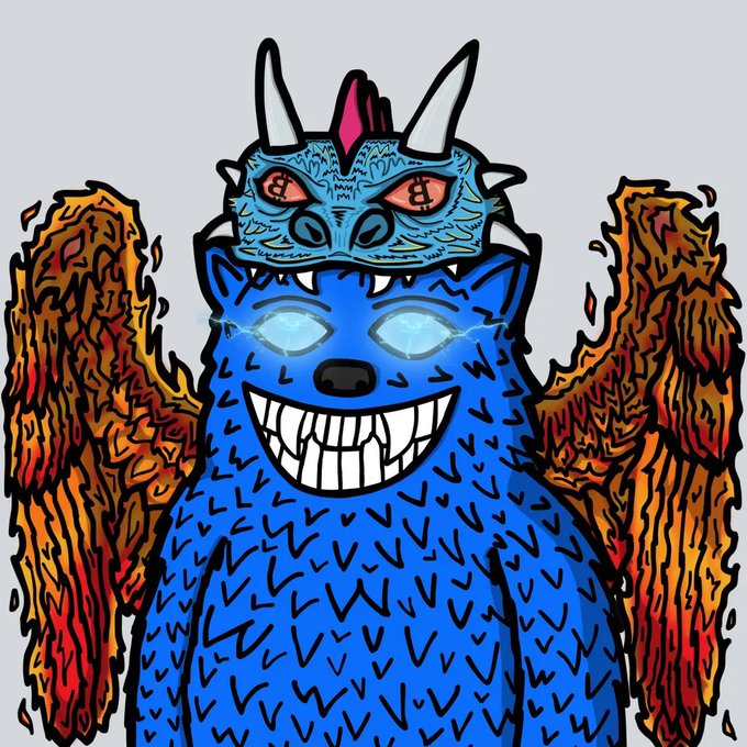 A colorful drawing of a menacing blue furry monster with glowing eyes, a wide toothy grin, and a spiked dragon-like mask on its head, flanked by orange and red flame-like wings.