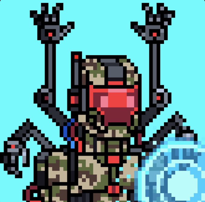 The image features a robot with arms raised, wearing a camouflage outfit that blends into its surroundings. The robot appears to be a soldier or a robot, possibly from the video game series "Minecraft", as indicated by the caption provided. The robot is positioned in front of a blue background and has a sword in one hand and a shield in the other.