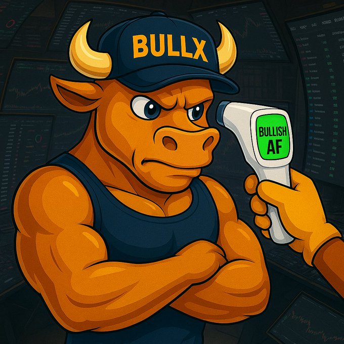 A cartoon illustration of a muscular orange bull wearing a 'BULLX' cap with arms crossed, being interviewed with a microphone labeled 'BULLISH AF' against a backdrop of trading screens.