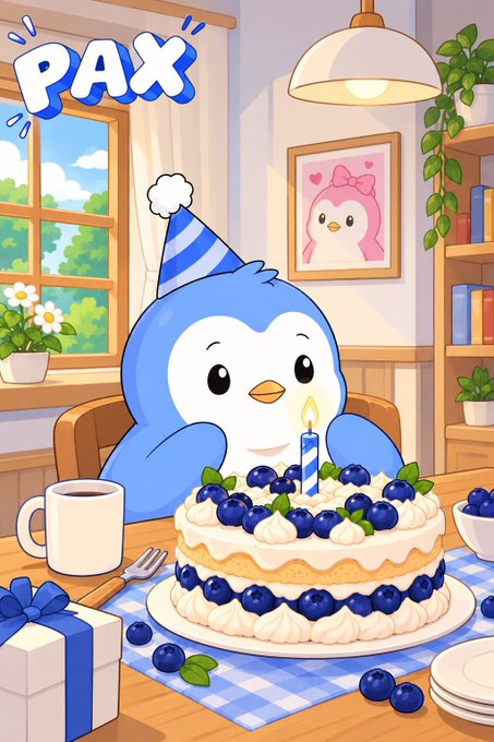 a cartoon penguin wearing a blue party hat sitting behind a blueberry cake with a single candle, in a cozy room with 'PAX' text on the window and a penguin portrait on the wall