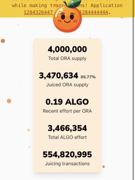 A crypto app statistics screen showing 4,000,000 Total ORA supply, 3,470,634 Juiced ORA supply (86.77%), 0.19 ALGO per ORA, 3,466,354 Total ALGO effort, and 554,820,995 juicing transactions.