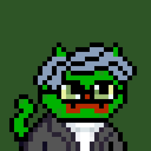 A pixel art illustration of a green-skinned zombie-like character with light blue curly hair, yellow eyes, a red mouth, and a dark jacket, set against a dark green background.