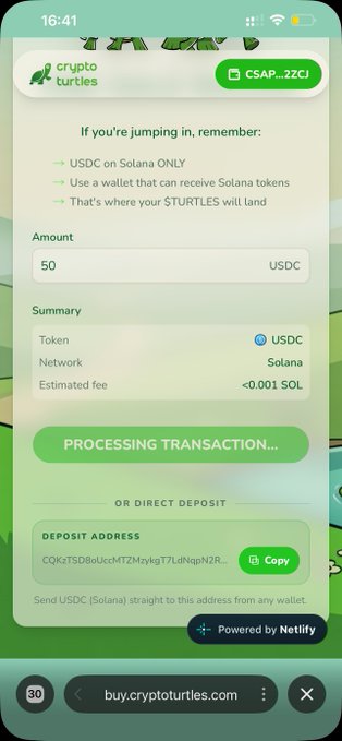 A screenshot of the Crypto Turtles presale checkout page showing a $50 USDC purchase on the Solana network in progress, with a deposit address (CQXzT5D8oUccMTZMykgT7LdNqpN2R...) also provided for direct deposits. The image illustrates the $turtles presale transaction the user mentioned, capturing the smooth checkout flow and the direct deposit alternative.