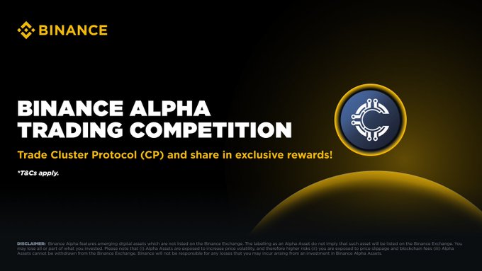 A Binance advertisement promotes the "BINANCE ALPHA TRADING COMPETITION," encouraging users to trade Cluster Protocol (CP) and share in exclusive rewards.