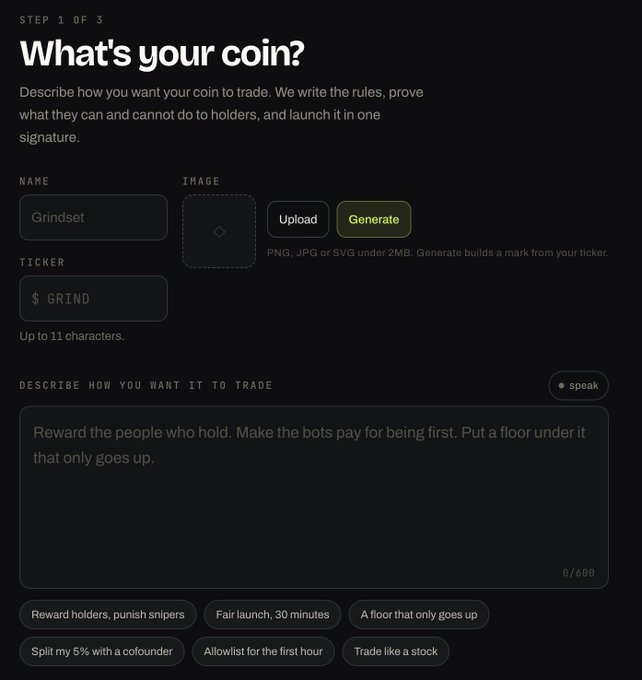 A web interface titled 'What's your coin?' showing a coin creation form with fields for Name ('GRINDSET'), Ticker ('$GRIND'), and image upload, with a Generate button.
