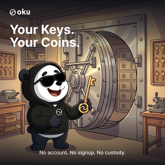 A cartoon panda wearing sunglasses and a hoodie holds a golden key in front of an open bank vault, with "oku" branding and the tagline "Your Keys. Your Coins." displayed above and "No account. No signup. No custody." below, reinforcing the message of self-custody and user control over funds.