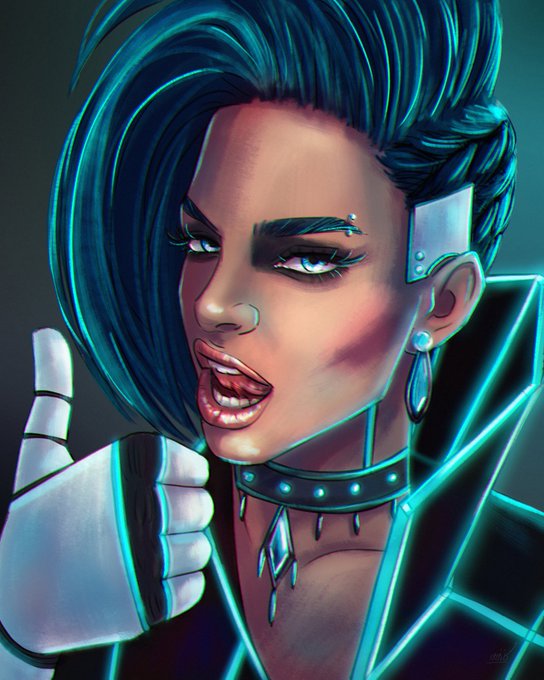 A stylized digital illustration of a punk-styled woman with teal hair, heavy eye makeup, facial piercings, and a white glove against a dark background.