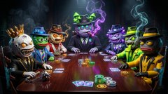 A stylized digital illustration of anthropomorphic animal characters gathered around a poker table with cards and chips in a dark, atmospheric setting.